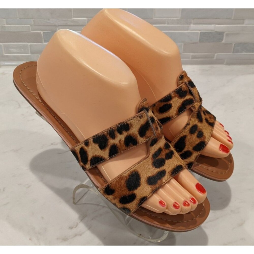 J.CREW Calf Hair Beachside Slip-On Saldals Slides In Leopard Print Size 9 - Picture 3 of 11